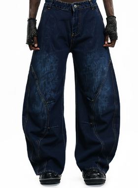 He刺野/baggy美式设计感深蓝色弯刀牛仔裤男女宽松复古直筒阔腿