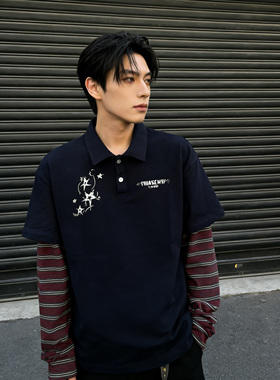 He刺野/美式26春款水洗做旧条纹拼接假两件印花长袖POLO衫