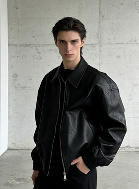 He刺野 轻奢翻领短款黑色pu皮衣夹克 痞帅高级质感百搭机车外套