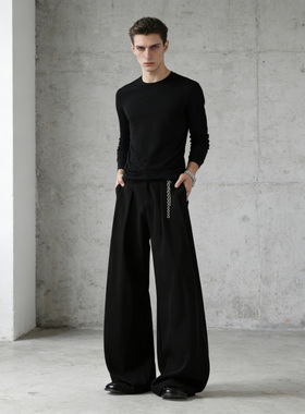 He刺野/Classic系列 春款设计感立体褶A字垂感黑色休闲裤子百搭裤