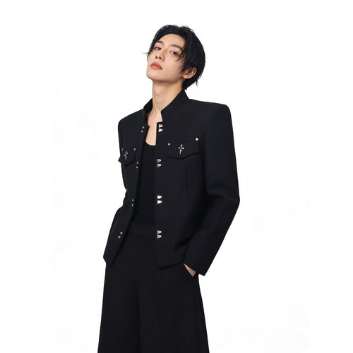 黑色短款外套痞帅中山装夹克西服