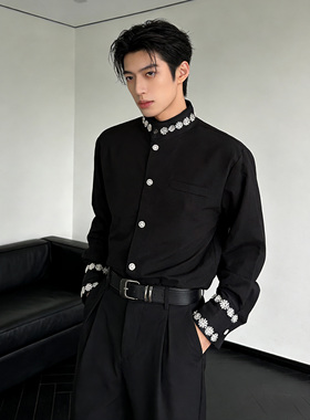 He刺野/轻奢法式免烫黑色衬衣重磅钉珠英伦立领垫肩长袖衬衫男模
