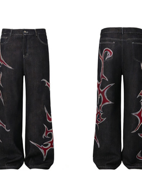 He刺野/原创国潮美式火焰烫钻牛仔裤男女小众直筒黑色牛仔长裤