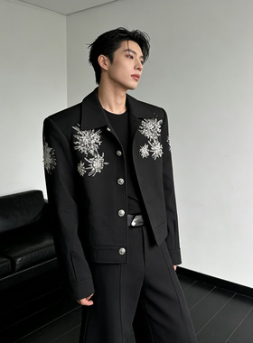 He刺野/轻奢亮片刺绣垫肩黑色夹克外套男春款高级感痞帅夹克外套