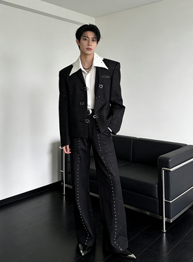 He刺野/轻奢满天星设计演出黑色西服男新款团短款垫肩西装外套