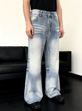 He刺野/美式高街水洗猫须闪电波纹直筒微喇冰蓝色牛仔裤子男女