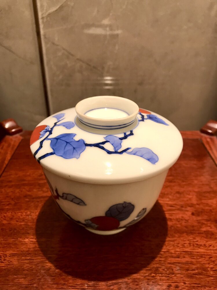C2-5日本进口柿右卫门浊手柿子画片茶杯摆件昭和时期日式盖碗