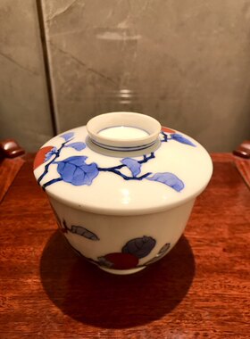 C2-5日本进口柿右卫门浊手柿子画片茶杯摆件昭和时期日式盖碗