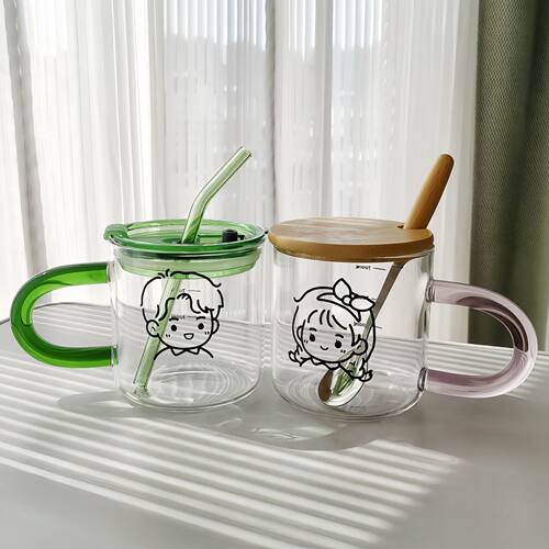 卡通可爱带盖吸管把手玻璃奶杯