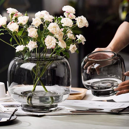 罐型玻璃花瓶北欧简约透明水培鲜花插花器样板间客厅餐桌装饰摆件