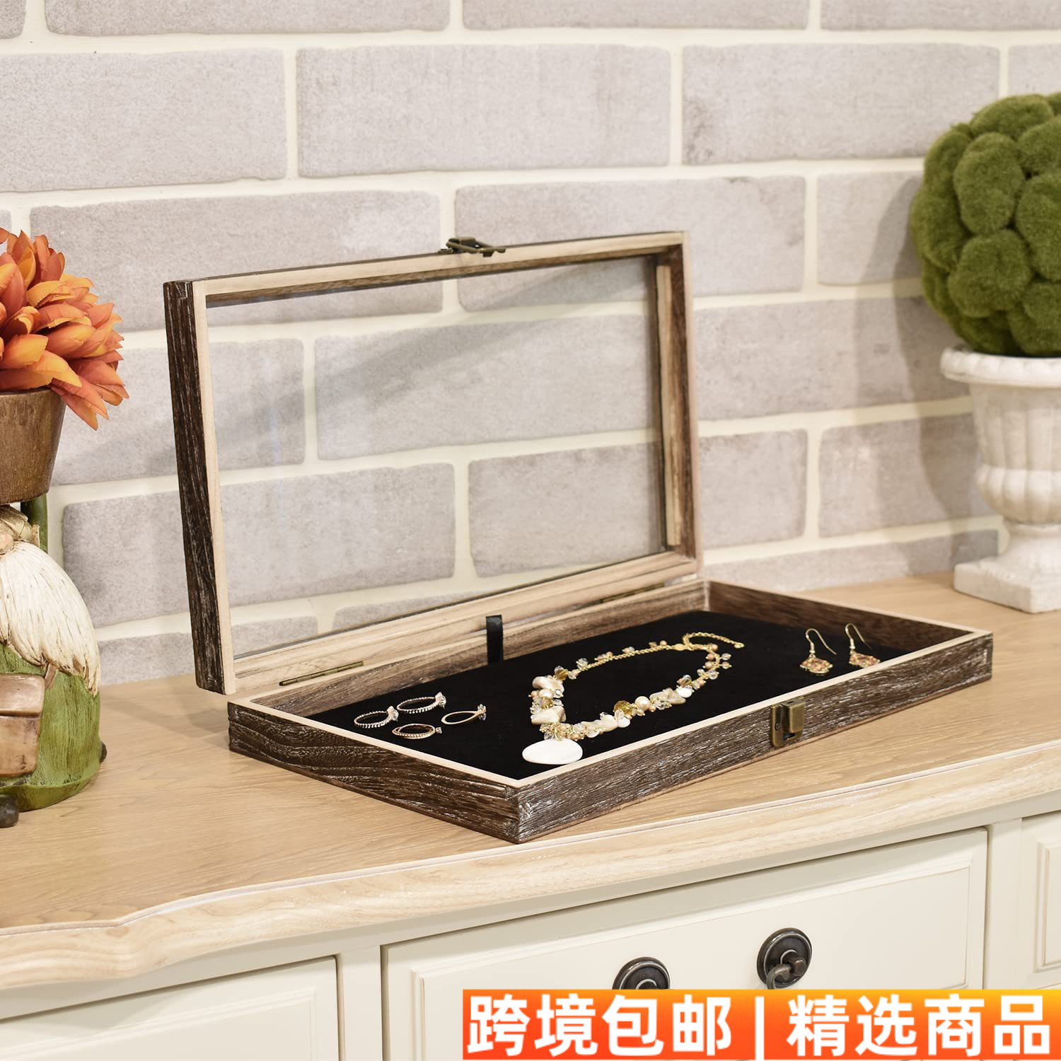 带锁桌面透明珠宝展示盒项链手镯饰品收纳木盒带盖防尘收纳盒