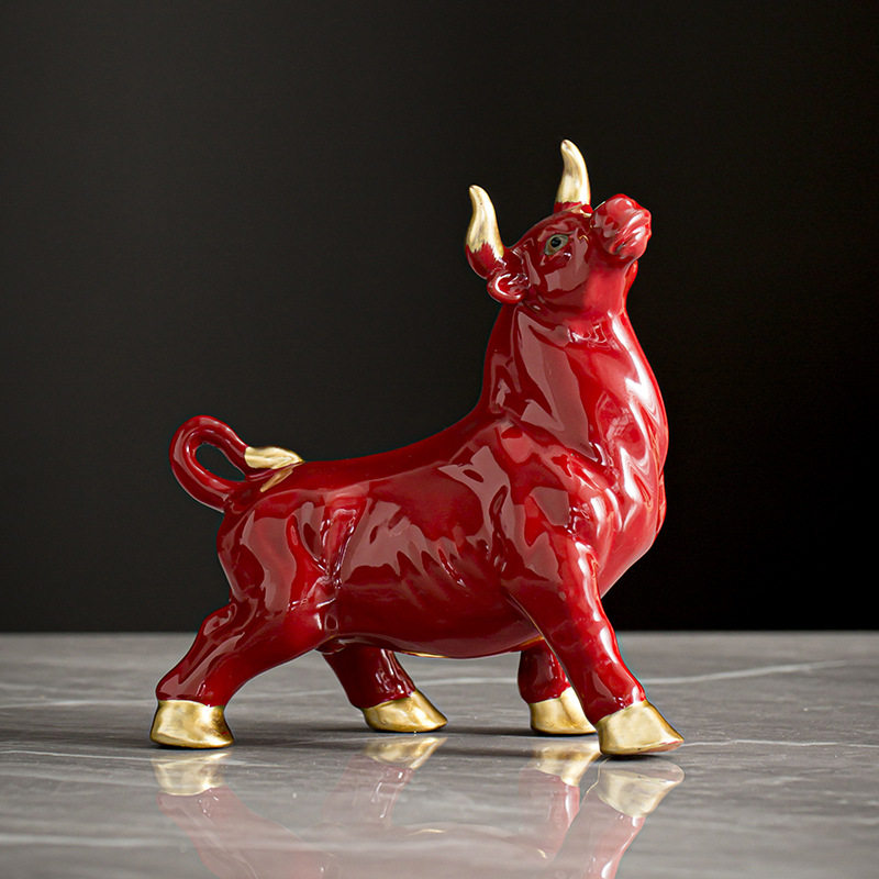 运势如虹招财牛气冲天红牛陶瓷桌面摆件商务牛年装饰品工艺品