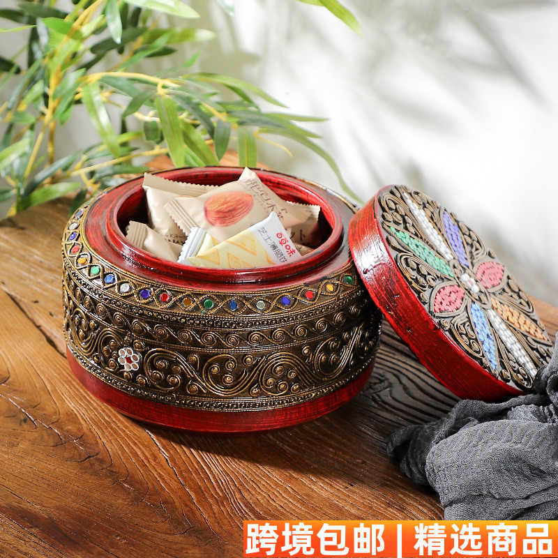 泰国新品实木首饰盒东南亚手工琉璃圆形储物盒子糖果零食收纳罐