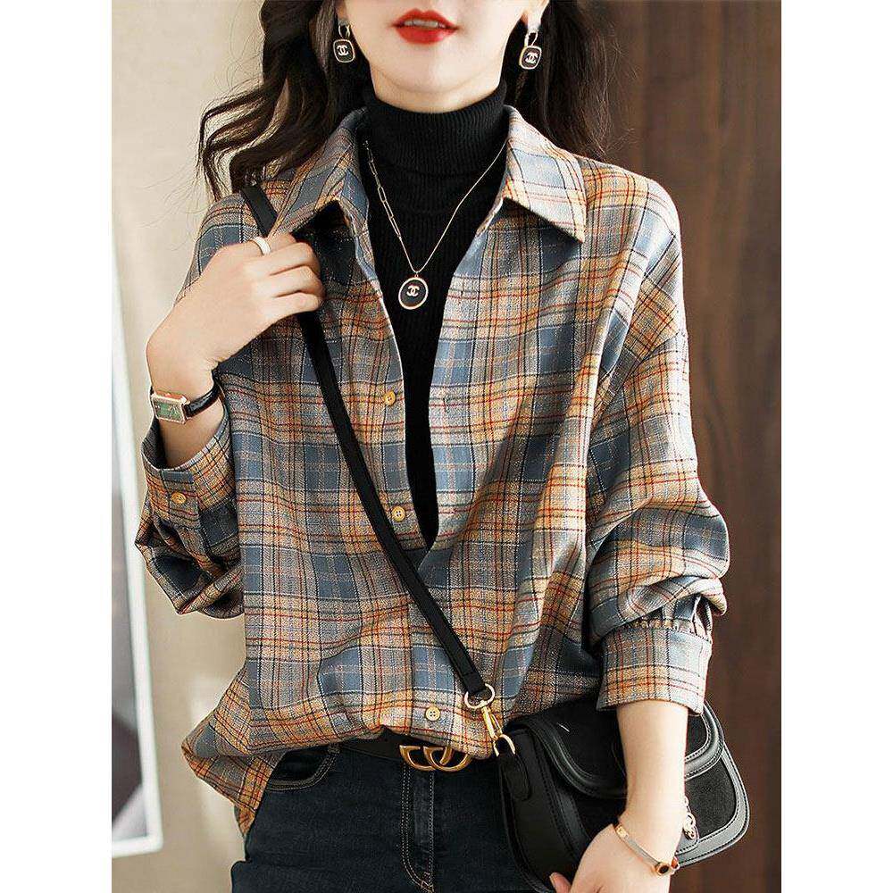 欧洲站拉丝格纹女式衬衫2025春秋季新款宽松覆古港式堆叠长袖夹克