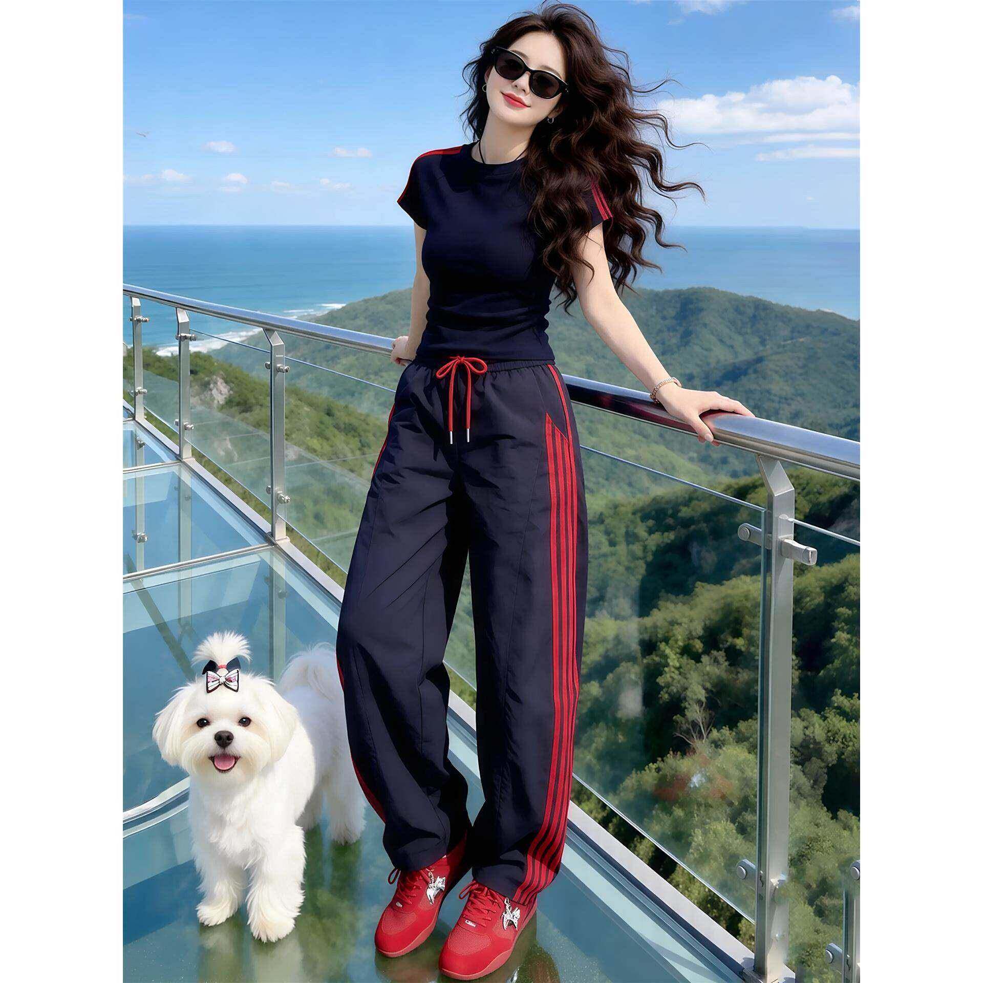 香港时尚休闲运动套装女2026夏装小个子减龄短袖T恤阔腿裤两件套