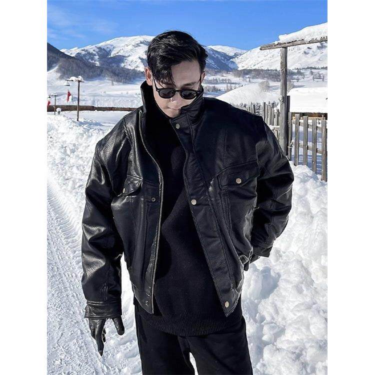 高端皮衣男春秋季薄款韩国ins潮帅气翻领宽松机车服真皮夹克外套