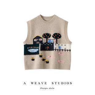重工手绣！2025秋冬新款山羊绒毛衣圆领小房子马甲背心针织衫坎肩
