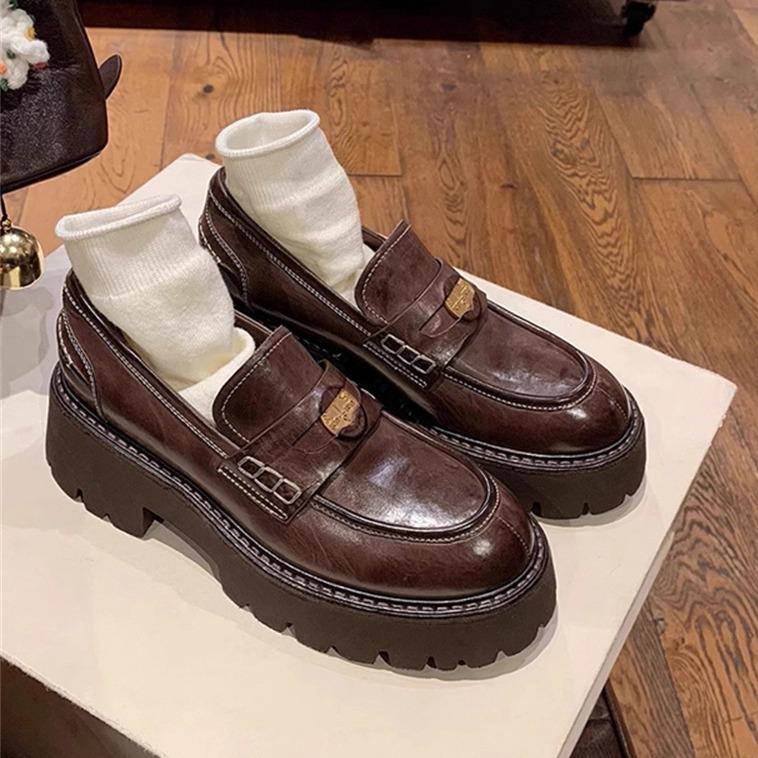 香港厚底乐福鞋女秋冬2025新款英伦法式粗跟小个子显高棕色小皮鞋