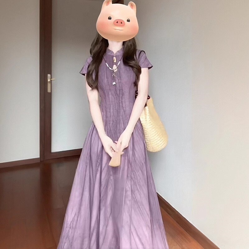 FAshi 新中式国风扎染紫色旗袍连衣裙女2025法式气质轻熟风长裙子