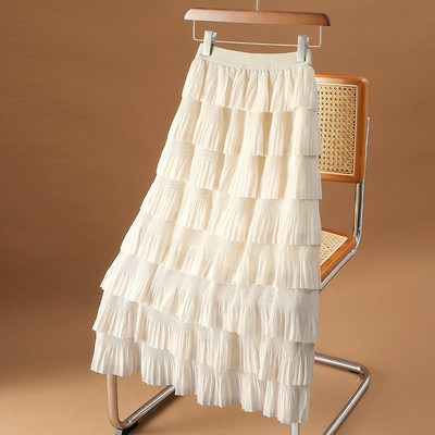 白色雪纺半身裙女春秋层层蛋糕裙拼接松紧腰中长款a字伞裙子