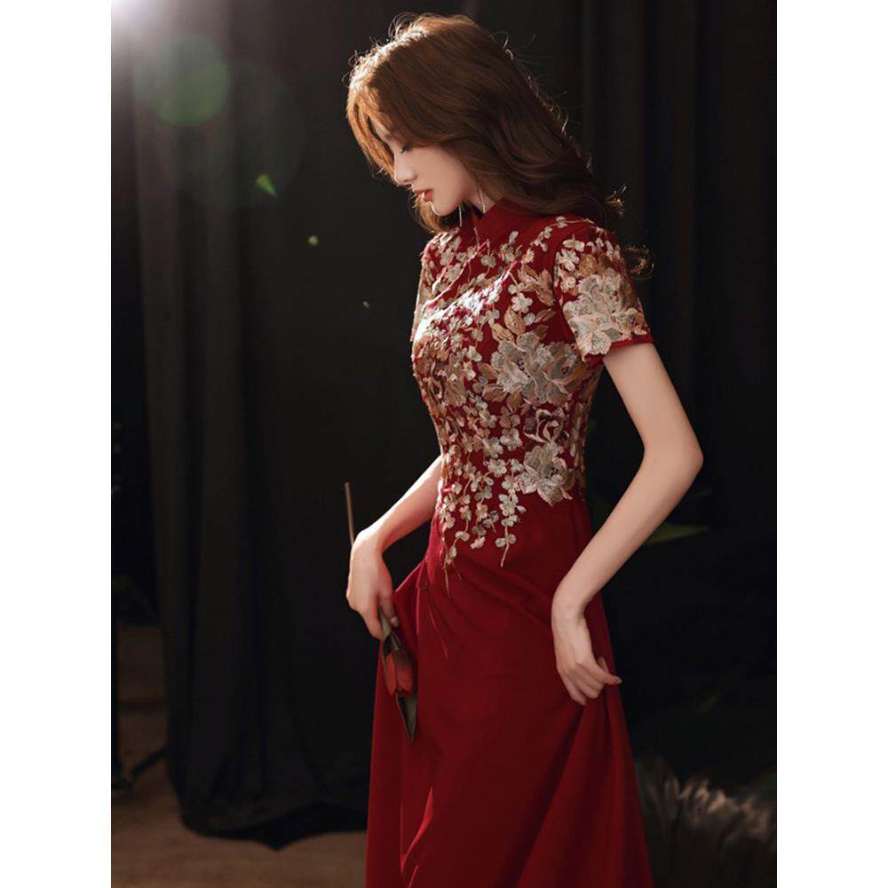 Ocnltiy旗袍敬酒服新娘新款酒红色订婚礼服连衣裙新中式改良结婚