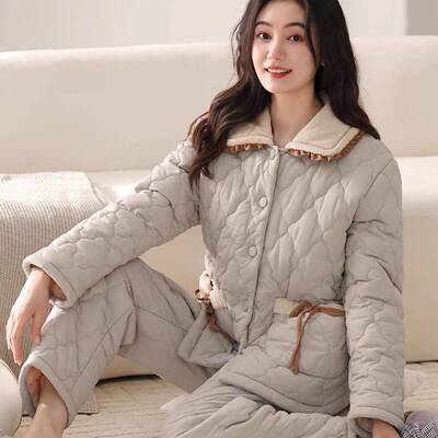 高档轻奢睡衣女士冬季三层加厚加绒夹棉袄秋冬款珊瑚绒超厚家居服