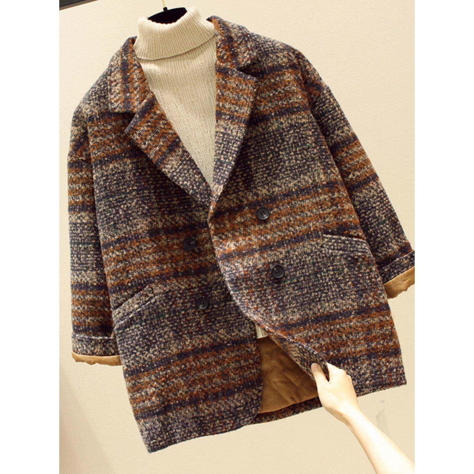 CULV加厚加棉毛呢外套女中长款韩版宽松西装格子呢子大衣女24秋冬