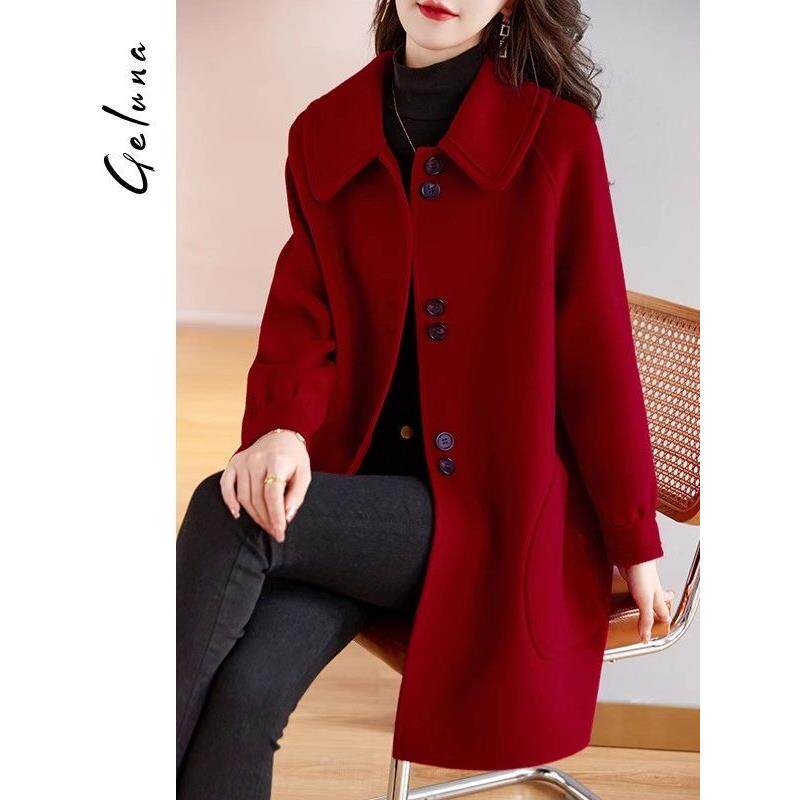 香港2025秋冬中长款呢子红色外套女高端设计感中长款毛呢大衣过年