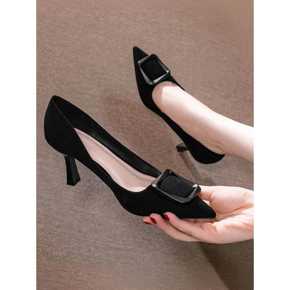 港风轻奢新款~尖头细跟高跟鞋女春秋季黑色真皮中跟浅口职业单鞋