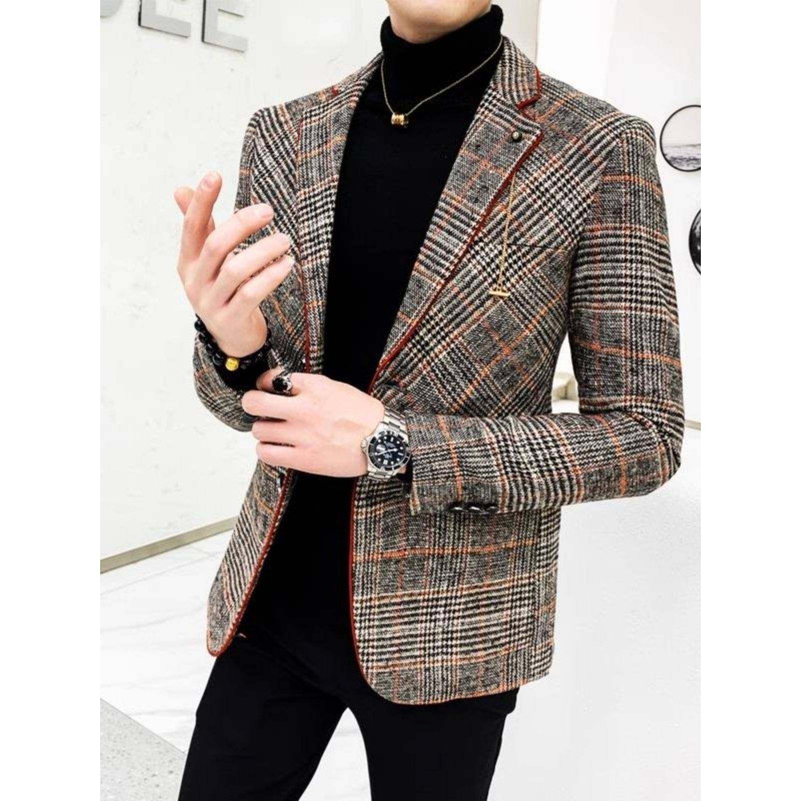 欧洲站千鸟格毛呢西装外套男士秋冬款韩版修身英伦风休闲西服上衣