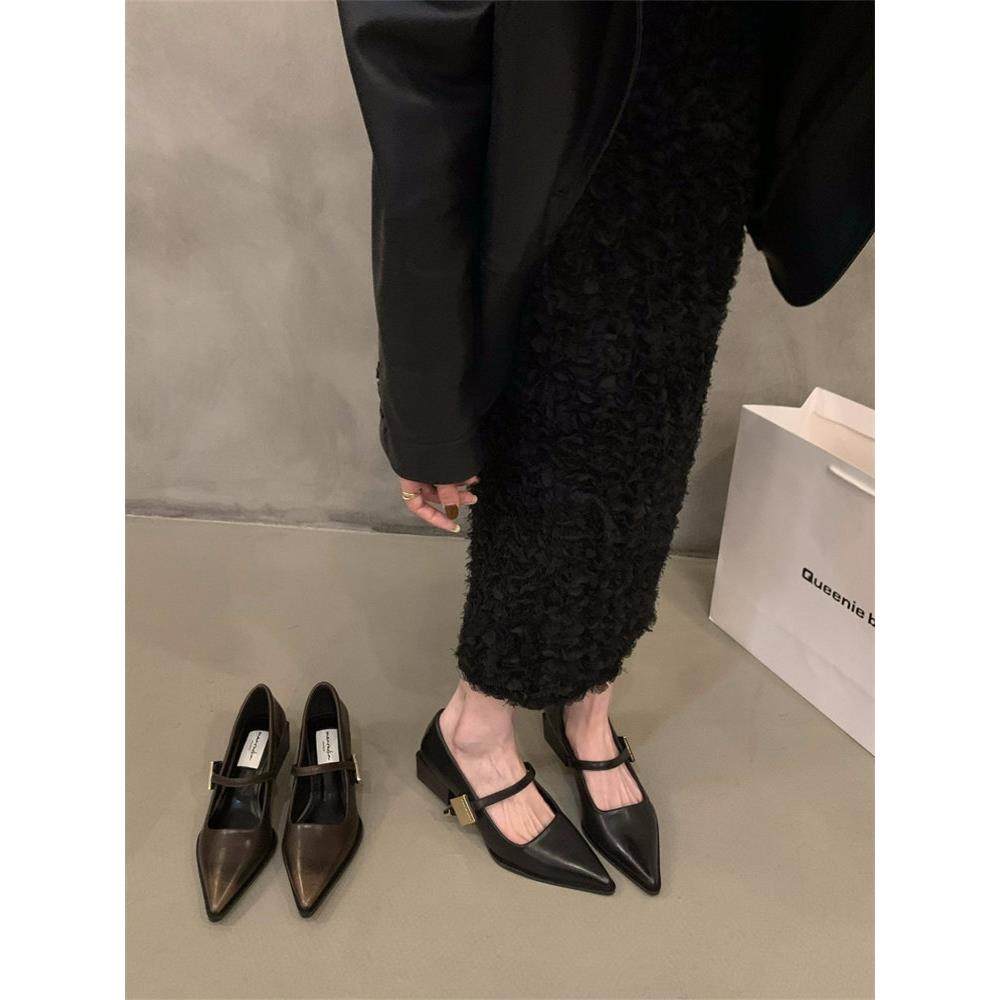 香港厚跟黑色玛丽简尖头小皮鞋女鞋2025新夏季法国平底鞋晚鞋,女鞋,玛丽珍鞋,淘宝优惠券,粉丝福利购,淘宝优惠卷