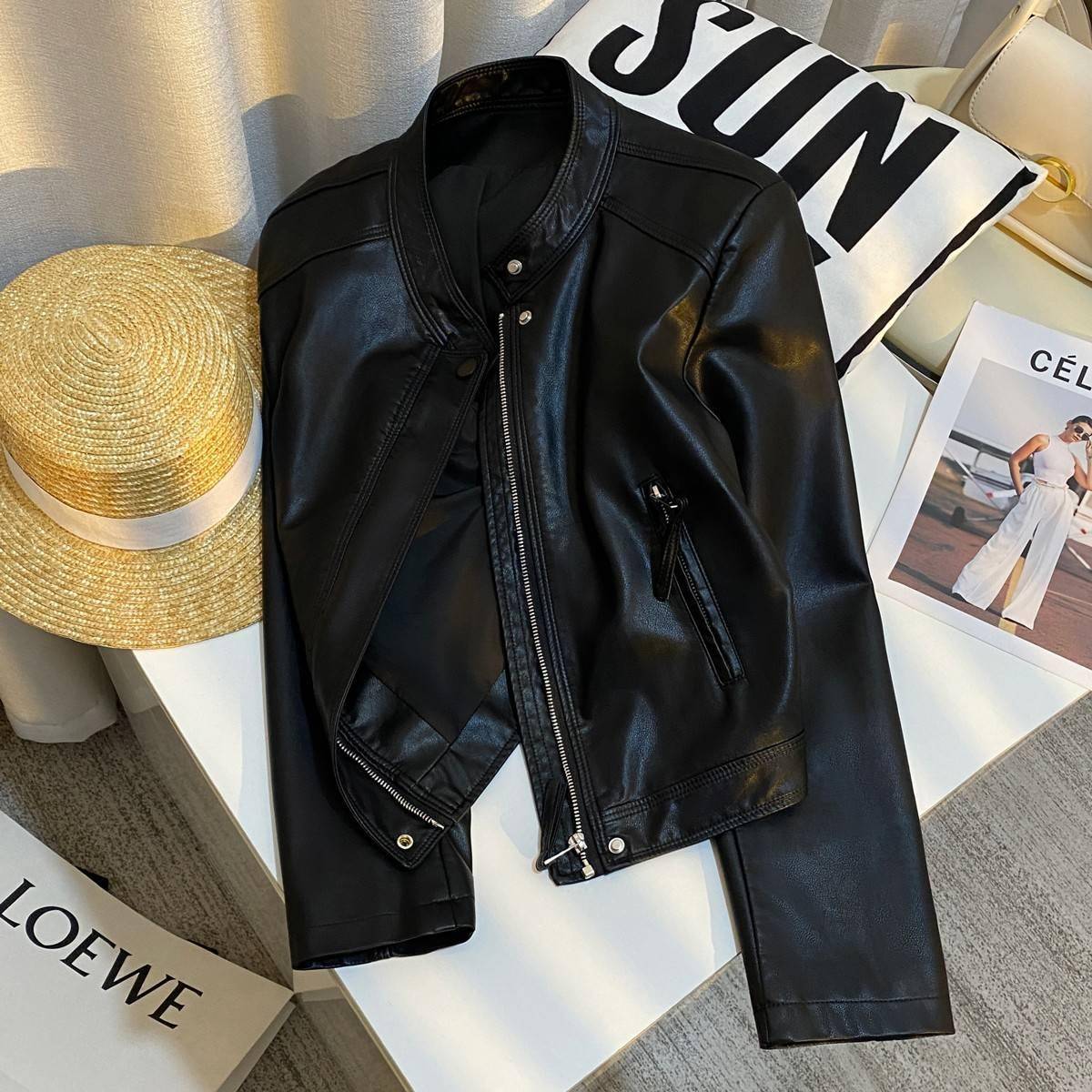 潮牌春秋新款炸街黑色超酷时髦高级短外套女港风气质机车皮衣夹克