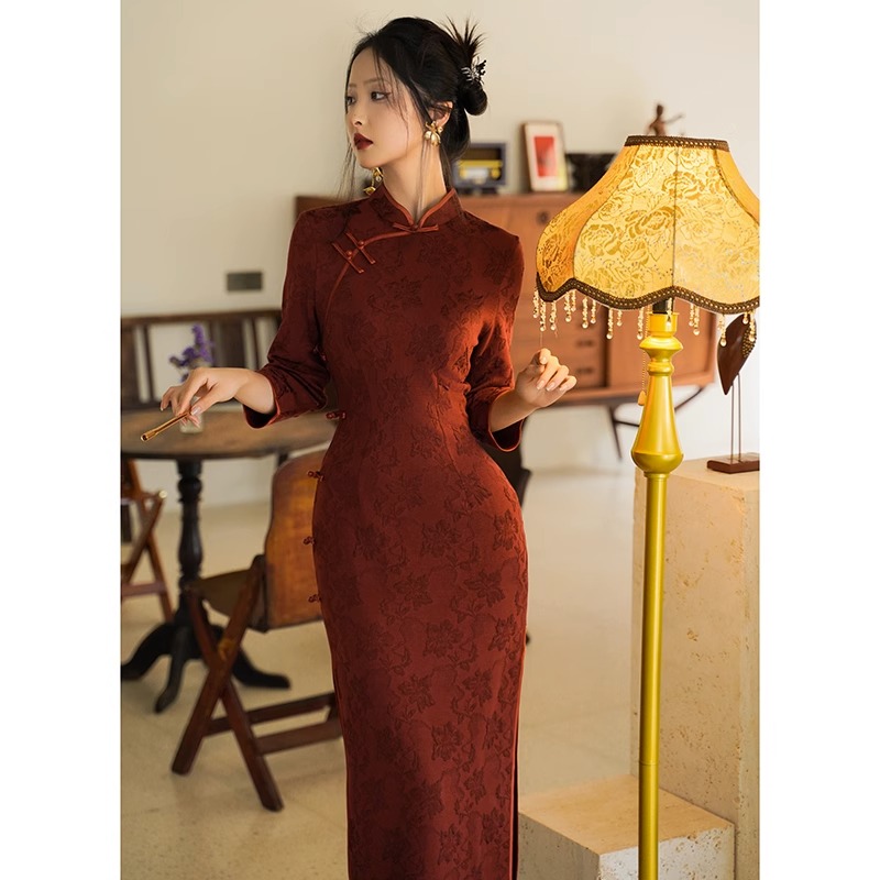 红色旗袍女春秋季新款敬酒服新娘长袖订婚新中式结婚喜婆婆婚宴装