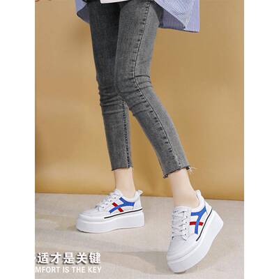 松糕底板鞋内增高8CM真皮小白鞋2022秋百搭运动厚底休闲鞋女ins潮