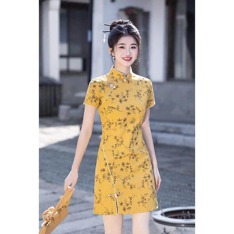 小个子黄色旗袍女新中式夏季2025年新款改良少女年轻款短款连衣裙