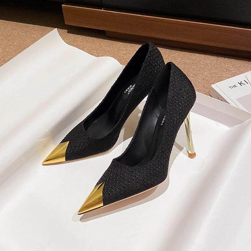 Craes Kally 时髦搭配！黑色浅口高跟鞋女士性感金属尖头细跟单鞋