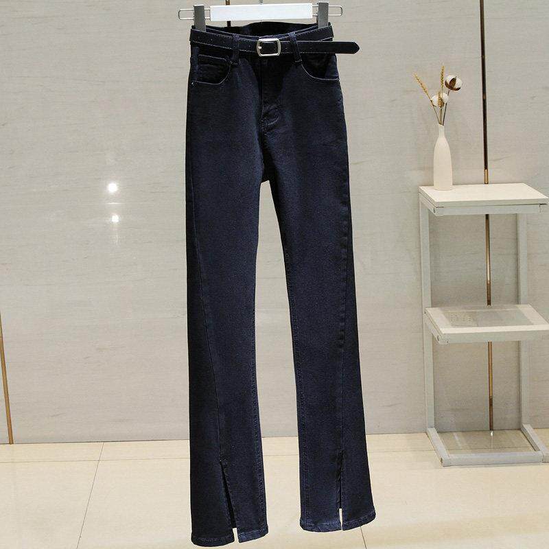 CULV黑色微喇牛仔裤女高腰秋季新款韩版修身显瘦开叉阔腿直筒裤潮