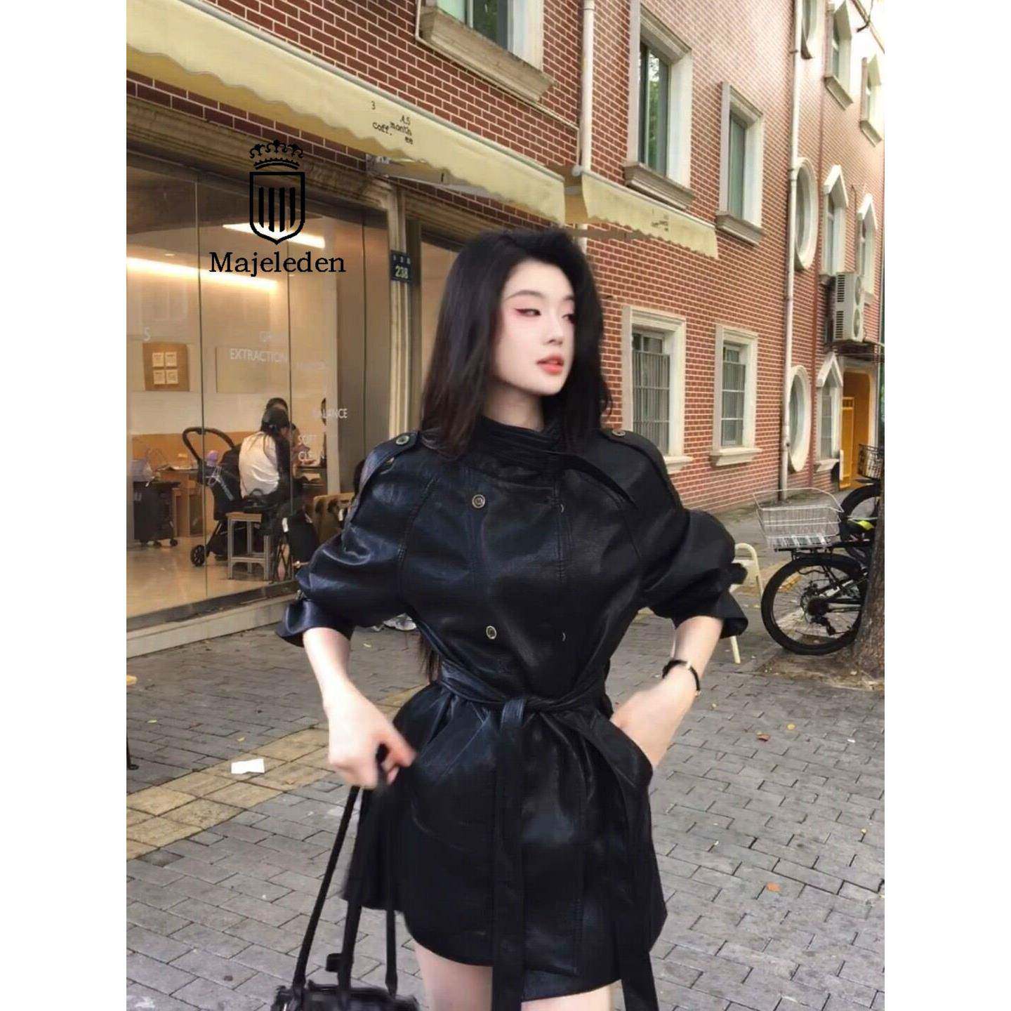正品2025秋黑色皮衣女中长款蛋白软立领皮夹克腰带款风衣皮衣外套