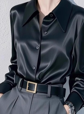 轻奢高端真丝黑色醋酸缎面衬衫女士春秋季新款高级感气质职业衬衣