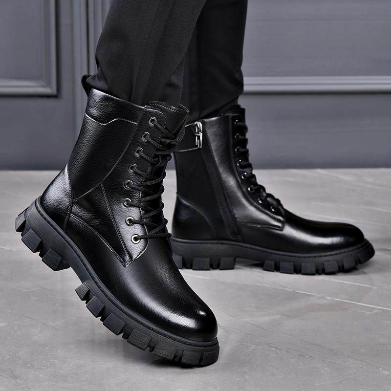 美式真皮复古机车骑士靴户外牛皮马丁靴男新款加绒软皮高帮工装靴