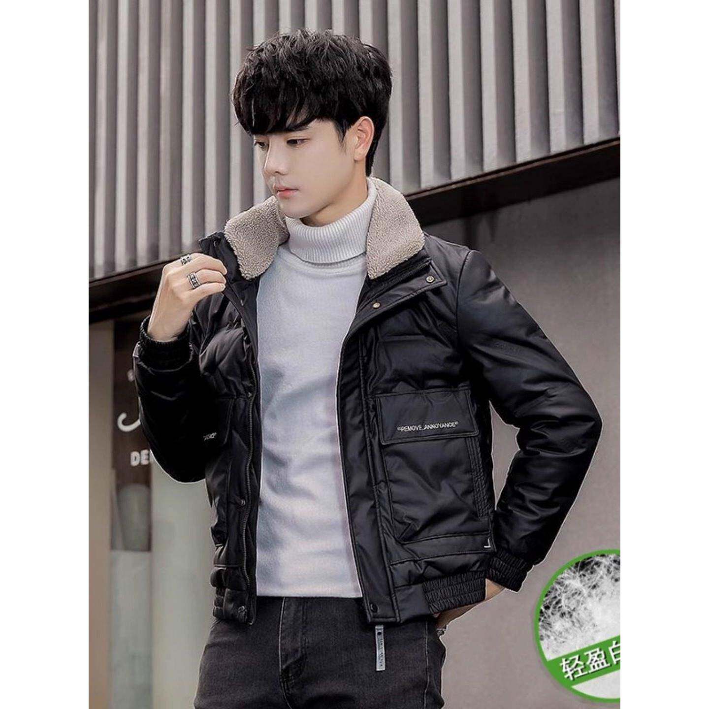 羊羔毛立领羽绒服男冬季新款修身男士短款加厚保暖白鸭绒皮衣外套