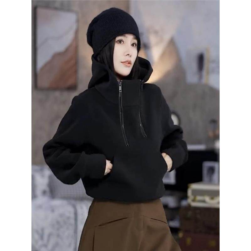 香港美式欧货双拉链设计款连帽加绒加厚秋冬季卫衣女洋气保暖帽衫