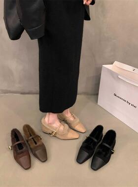 香港低跟加绒毛毛鞋玛丽珍单鞋女鞋子2025新款冬季晚晚保暖棉鞋