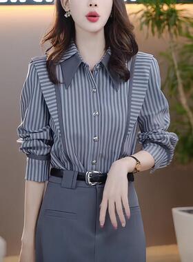 香港TIMO长袖条纹衬衫女士早秋季时尚减龄气质休闲显瘦设计感上衣