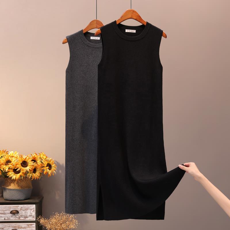 黑色针织连衣裙女中长款2025秋冬新款显瘦气质过膝打底内搭背心裙