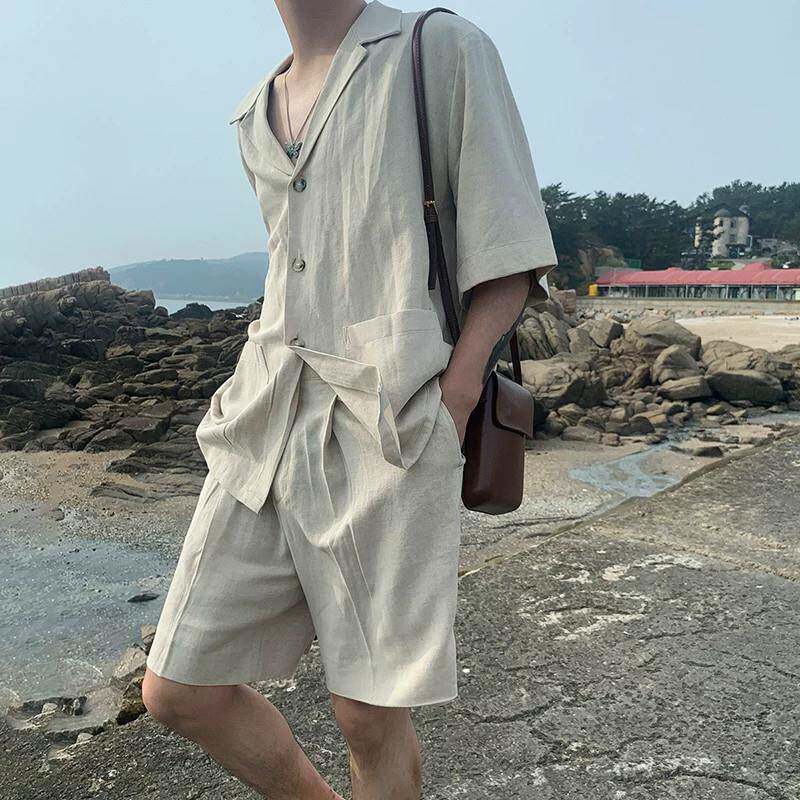 Upscale潮人 亚麻短袖衬衫男麻布夏季宽松休闲棉麻料衬衣短裤套装