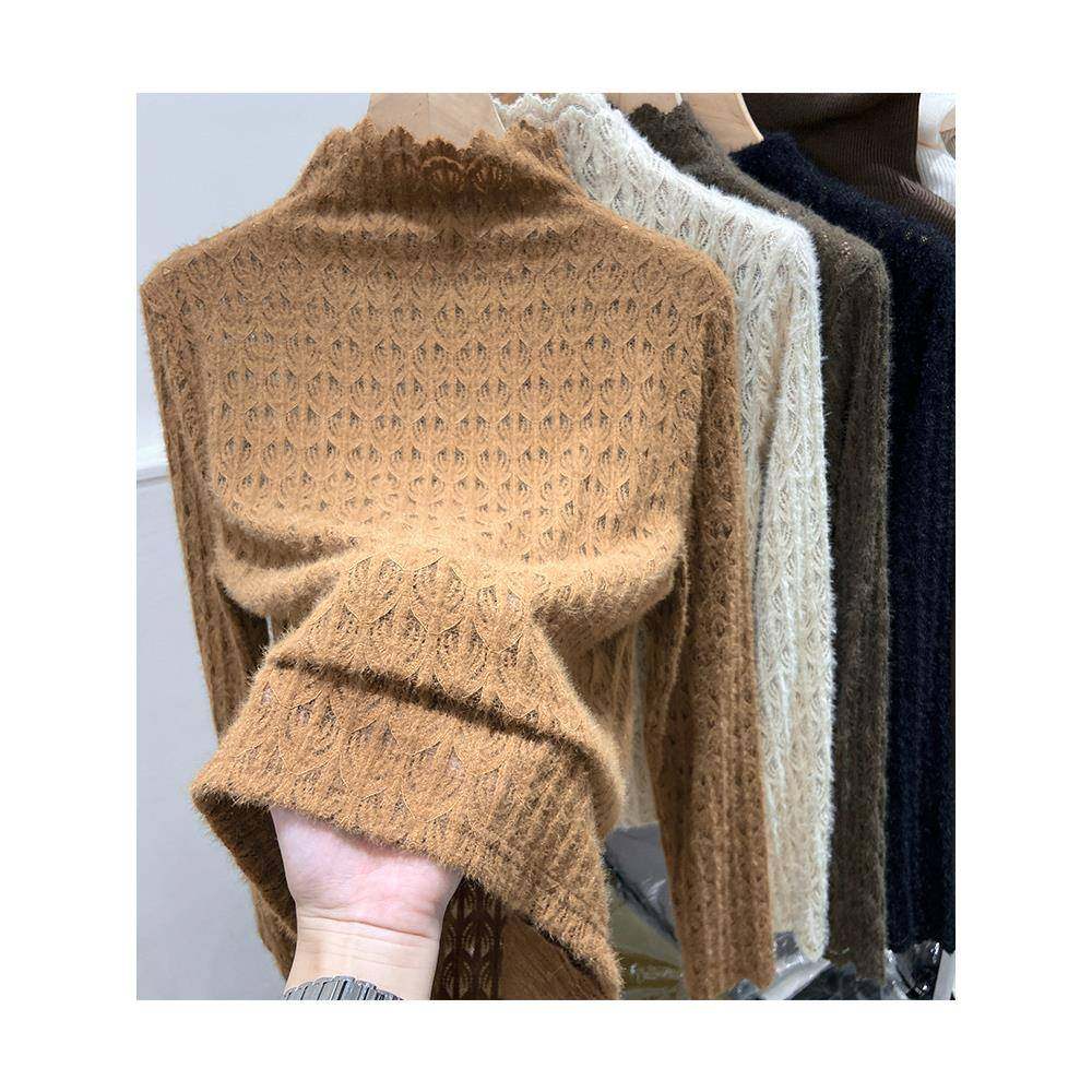 法国Rouje tusse蕾丝衫半高领打底衫女水貂毛长袖内搭秋网纱上衣