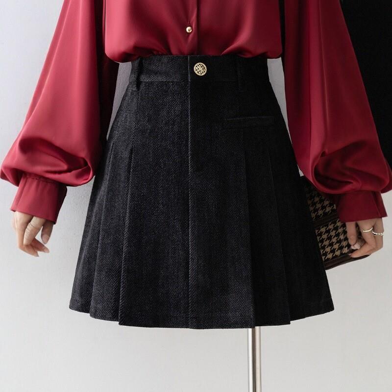 Rouje Dsyle黑色百褶裙女高腰毛呢裙小个子半身裙秋冬款a字短裙子