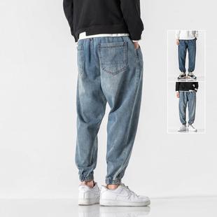 系绳哈伦束脚裤 男ins宽松大码 BIAS潮牌松紧腰小脚牛仔裤 neith