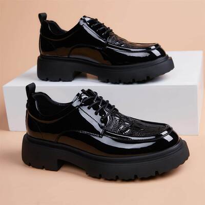 潮流真皮商务时尚皮鞋2025冬季新款休闲加绒鳄鱼纹英伦风厚底男鞋